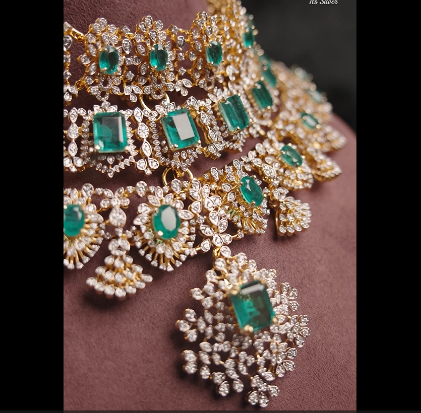 925 Silver Theia Diamond Look Emerald choker- 1052
