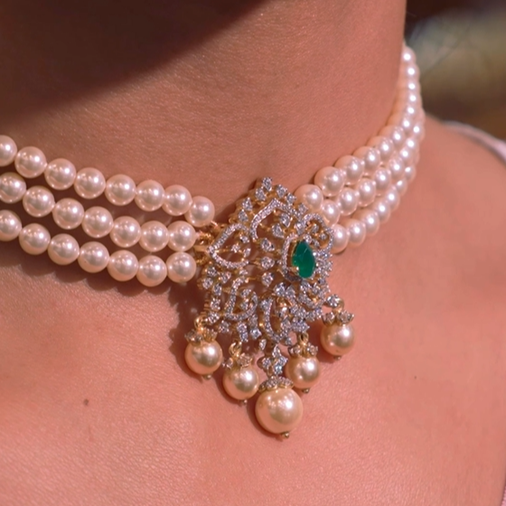 925 Silver Theia Diamond Look Pearl choker set- 5613