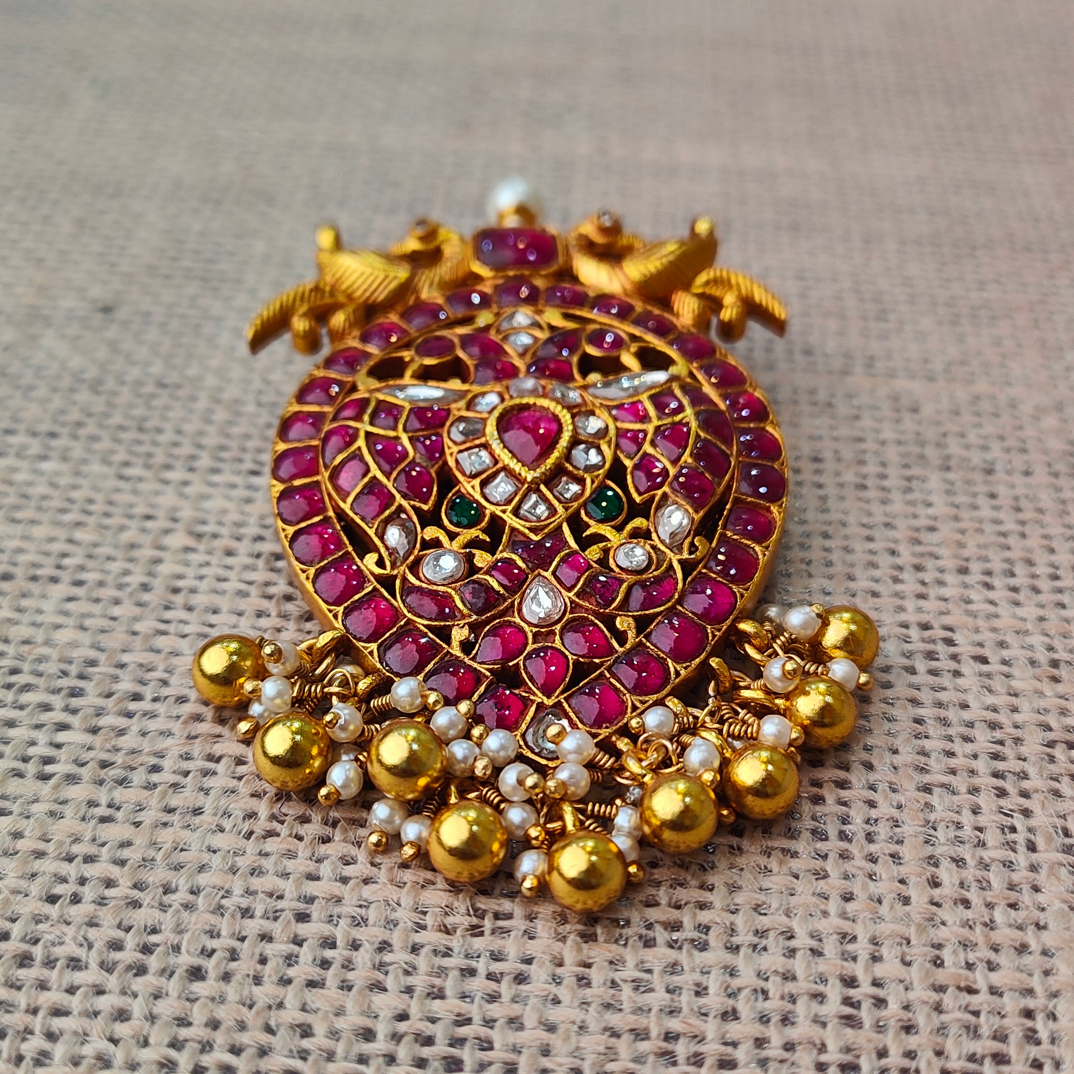 925 Silver Twin Peacock Kundan Pendant- 5588