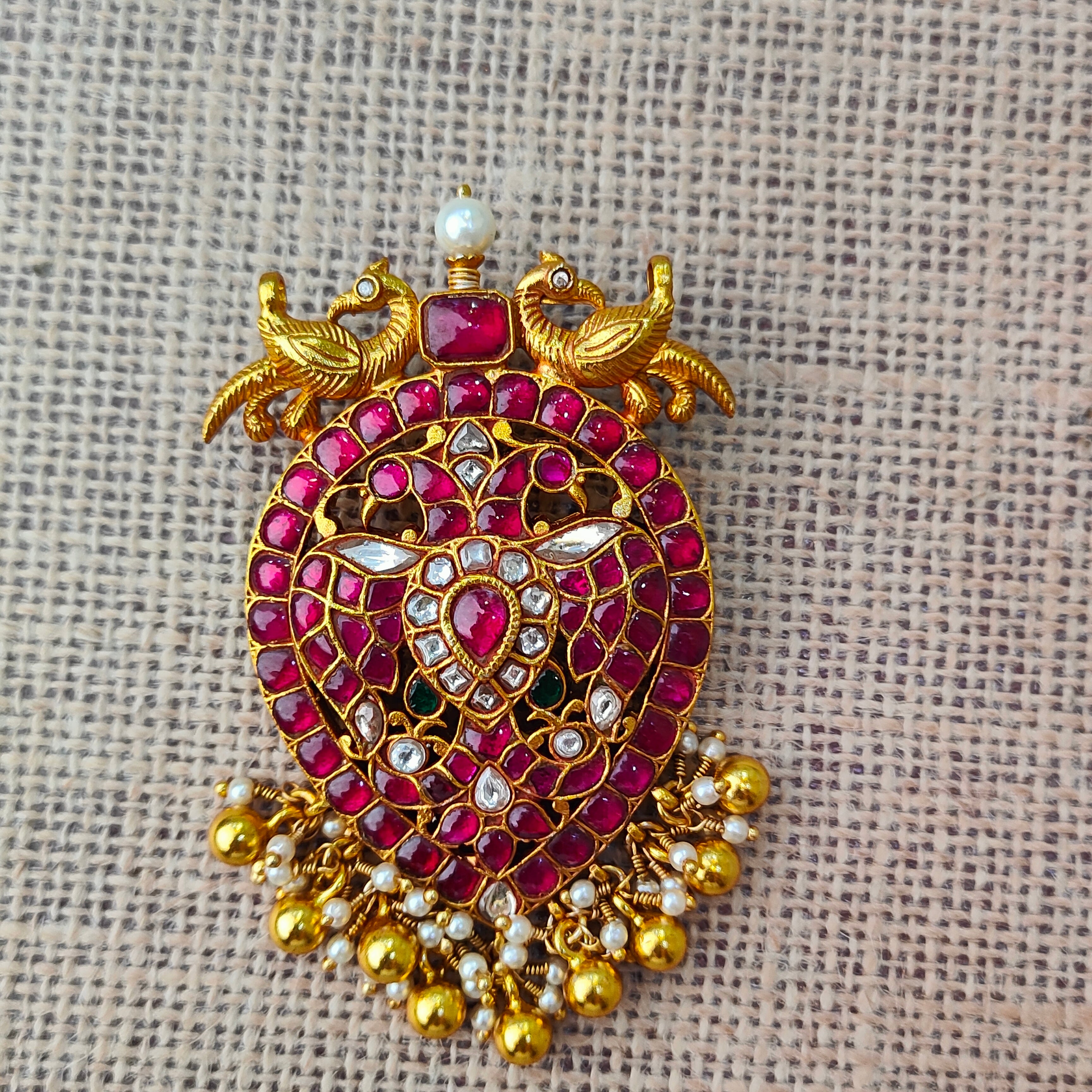 925 Silver Twin Peacock Kundan Pendant- 5588