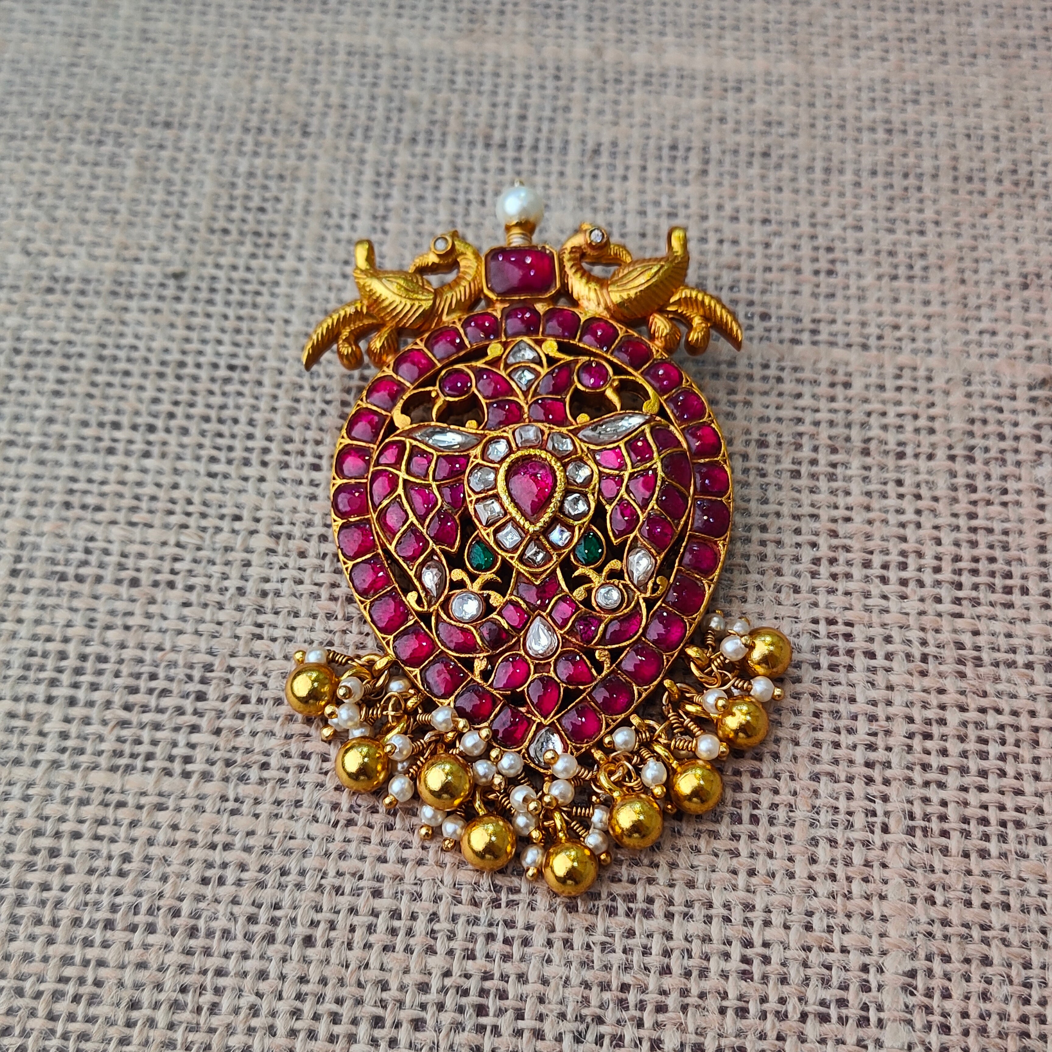 925 Silver Twin Peacock Kundan Pendant- 5588