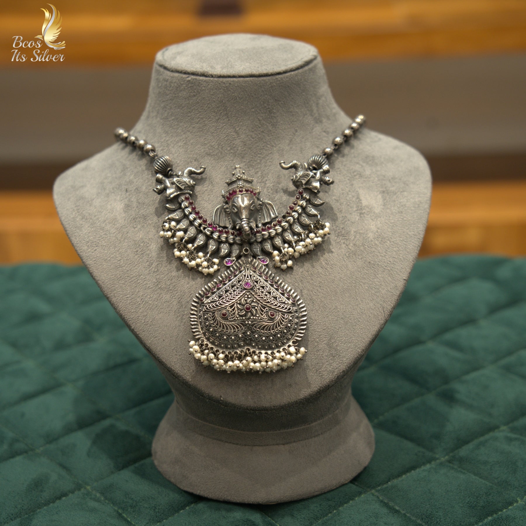 Pure 925 Silver Oxidized Ganesha Haram - 1951