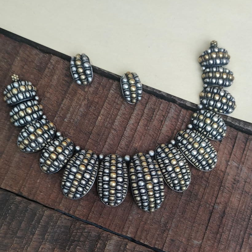 Silver 92.5 Oxidized Necklace With Earrings -0272
