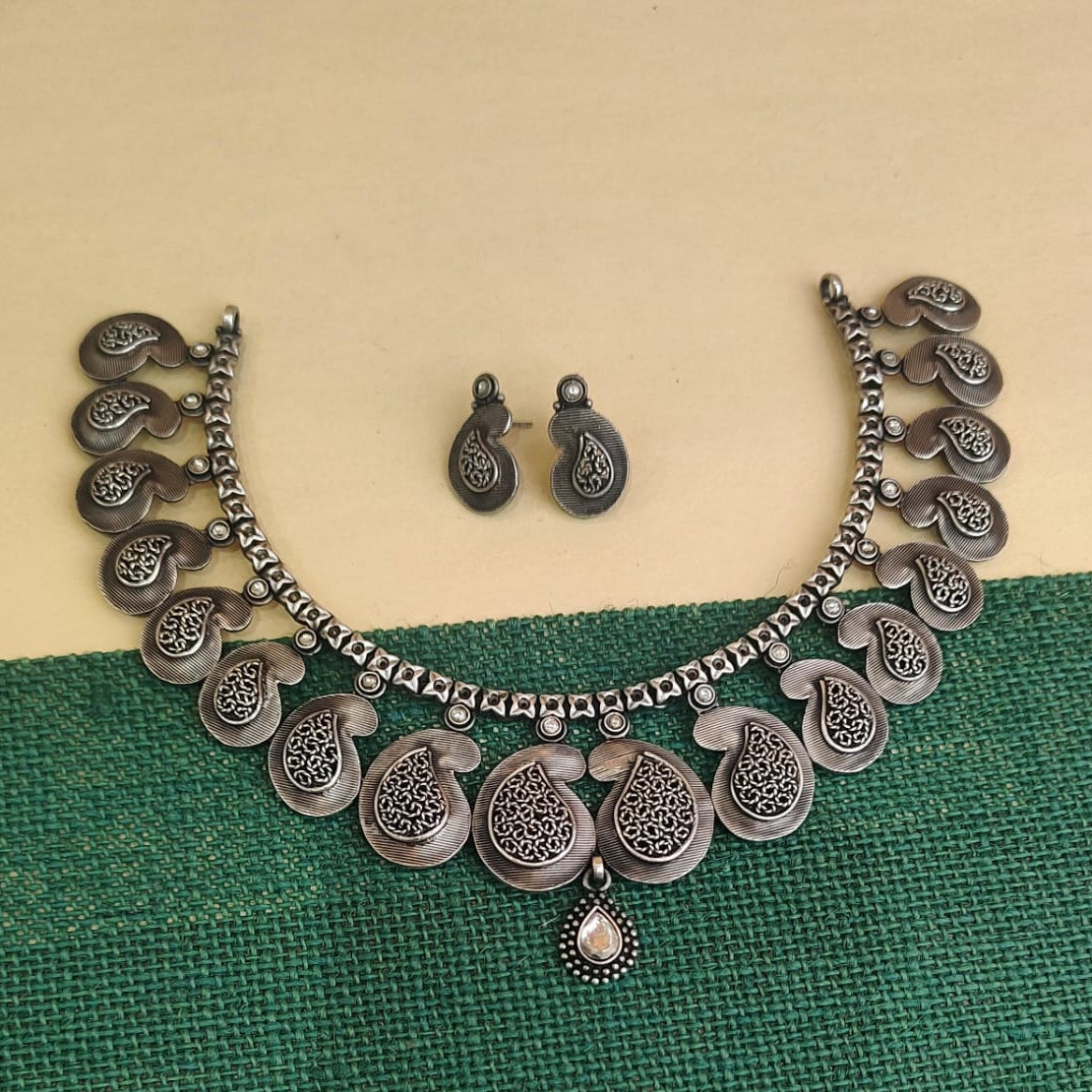 Silver 92.5 Oxidized Necklace With Earrings -0274