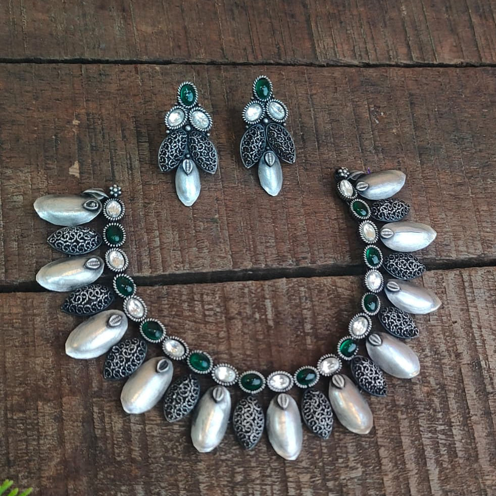 Silver 92.5 Oxidized Necklace With Earrings -0275