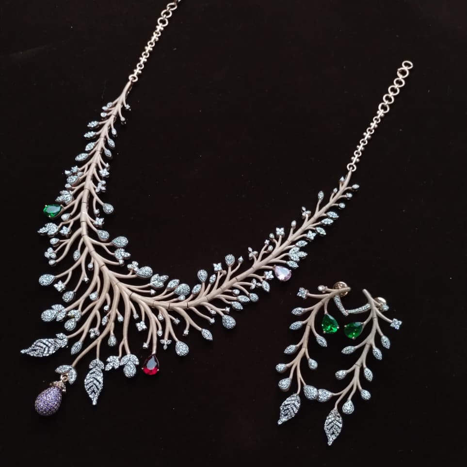 Silver 92.5 Diamond Look Necklace With Earring-2042