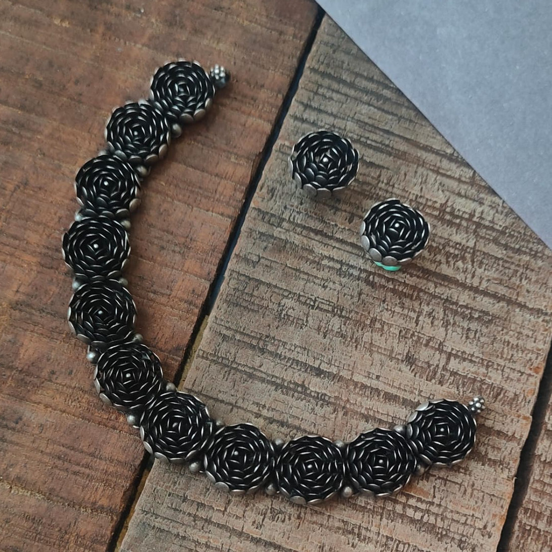 Silver 92.5 Oxidized Necklace With Earrings -0279