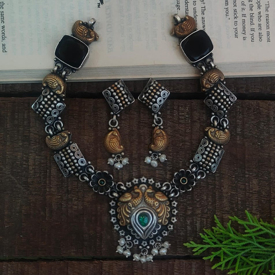 Silver 92.5 Oxidized Necklace With Earrings -0278