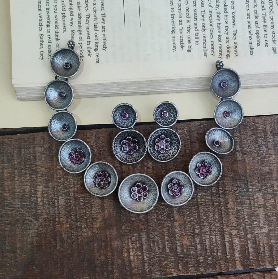 Silver 92.5 Oxidized Necklace With Earrings -0277