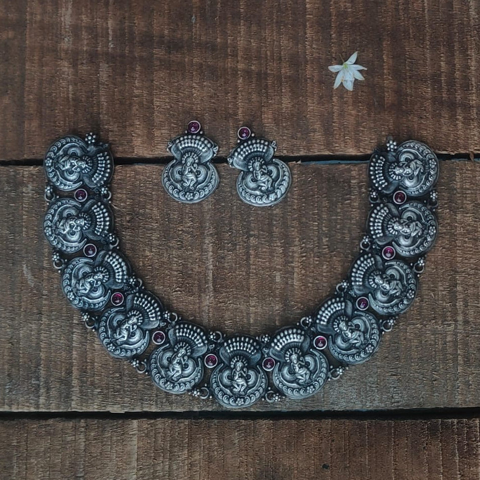 Silver 92.5 Oxidized Necklace With Earrings-0283