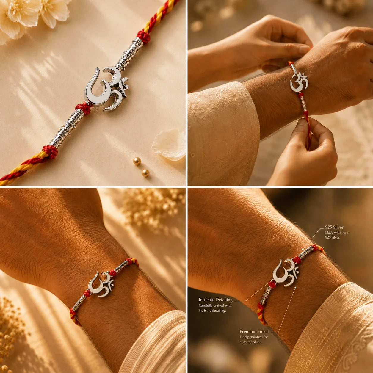 925 silver Big Om rakhi with an Om motif on a red and gold braided thread