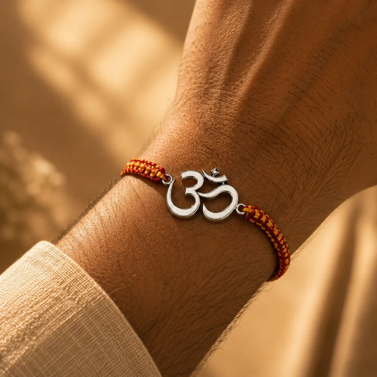 925 silver Big Om rakhi with an Om motif on a red and gold braided thread