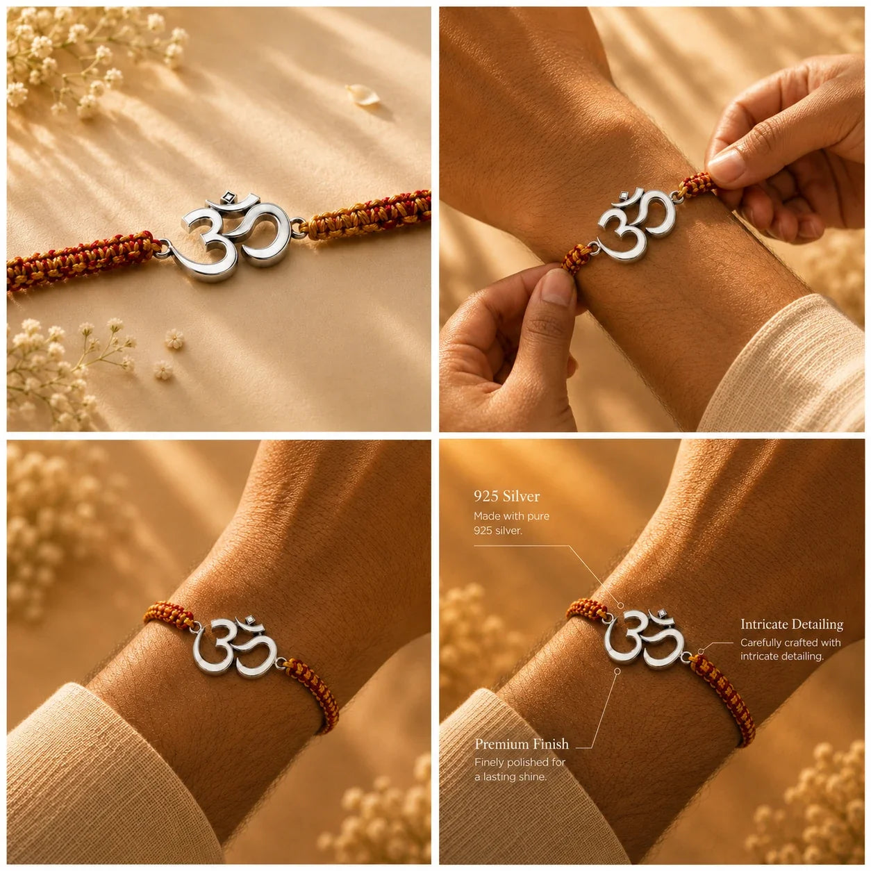 925 silver Big Om rakhi with an Om motif on a red and gold braided thread