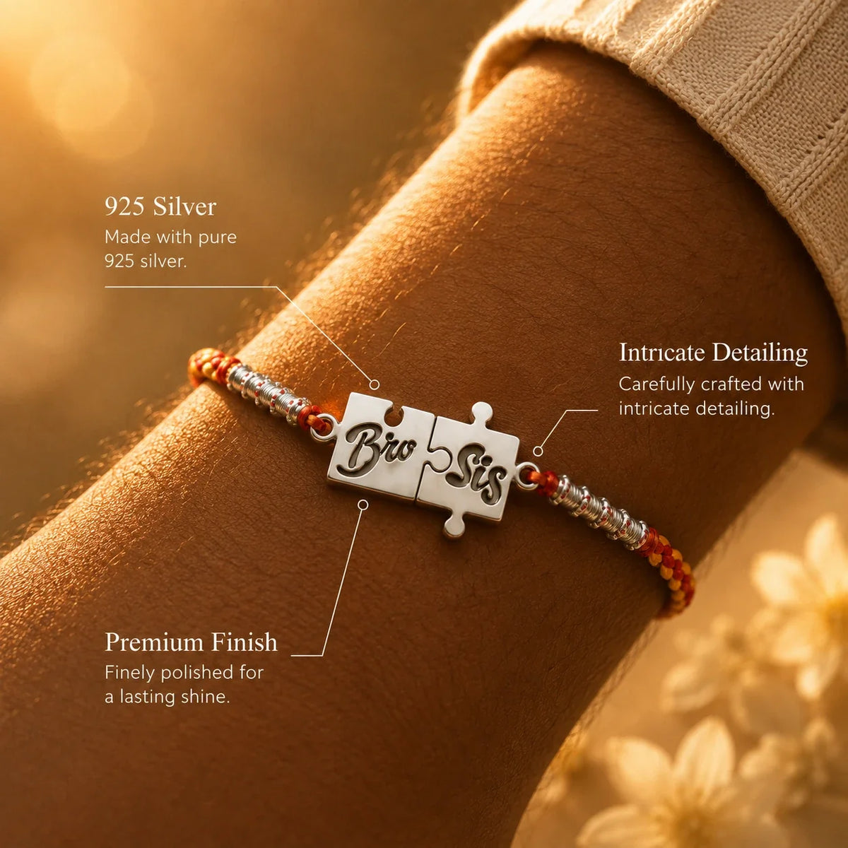 925 silver Bro Sis rakhi with a Bro and Sis charm on a red and gold braided thread