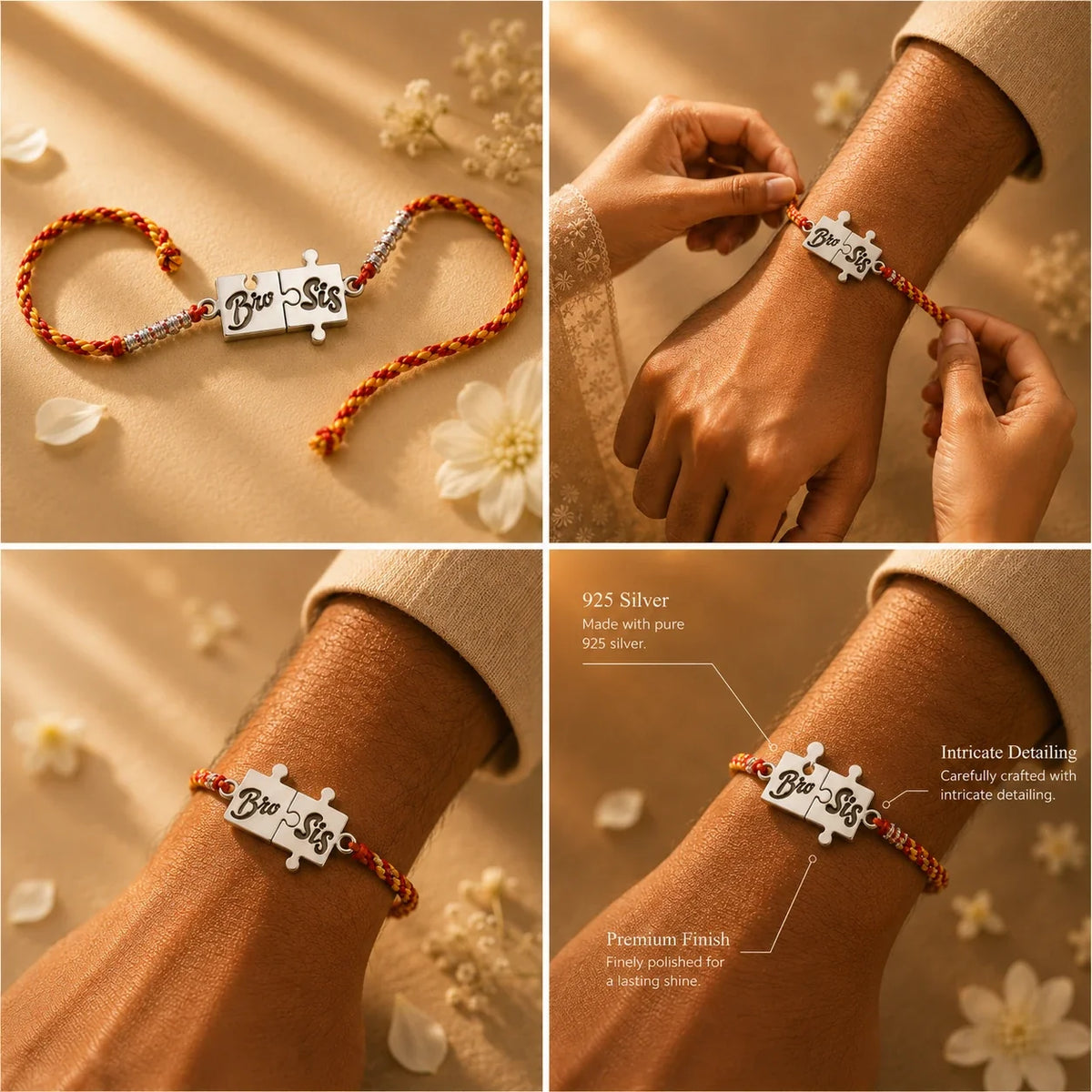 925 silver Bro Sis rakhi with a Bro and Sis charm on a red and gold braided thread