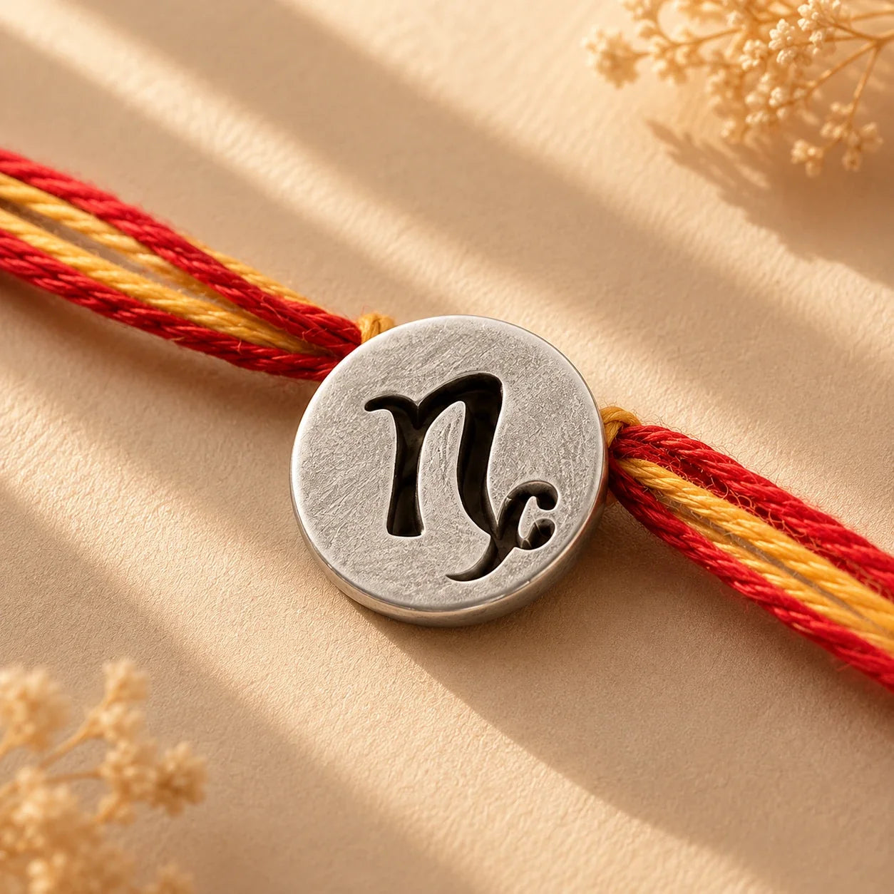 925 silver Capricorn zodiac rakhi on a red and gold braided thread