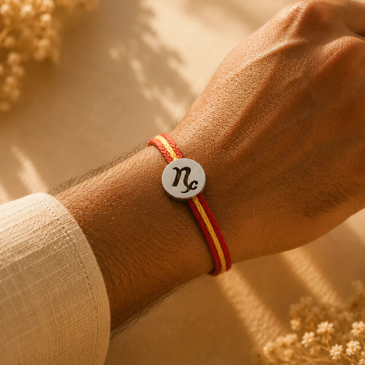 925 silver Capricorn zodiac rakhi on a red and gold braided thread