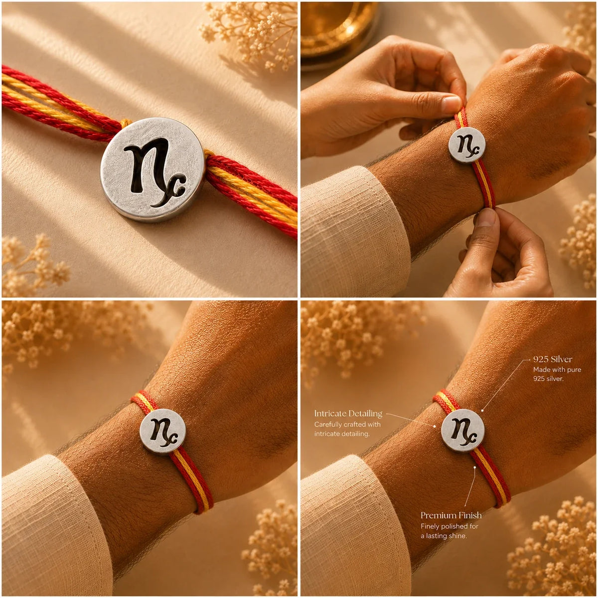 925 silver Capricorn zodiac rakhi on a red and gold braided thread
