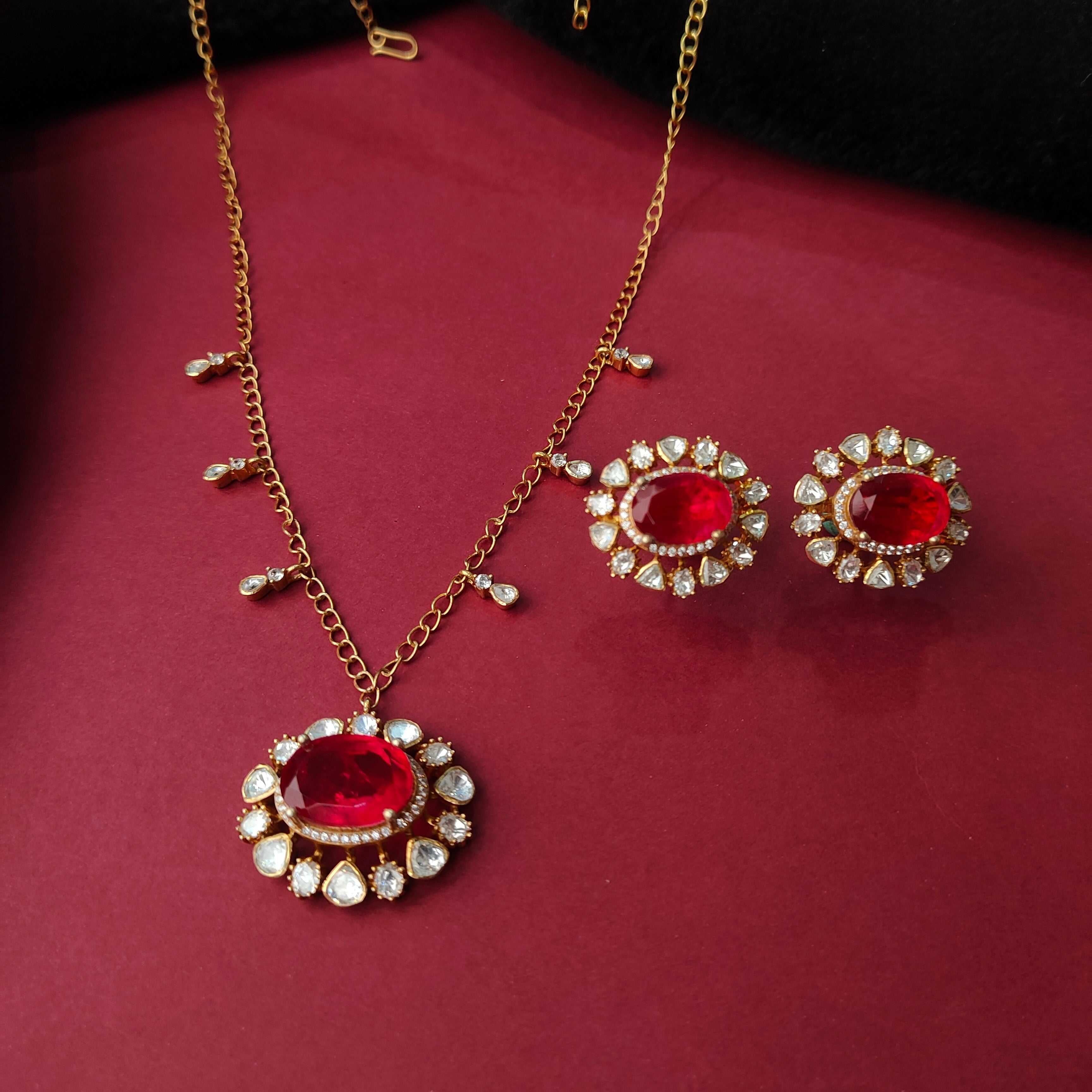 925 Silver Gold plated Polki Pendant with Chain set-1387