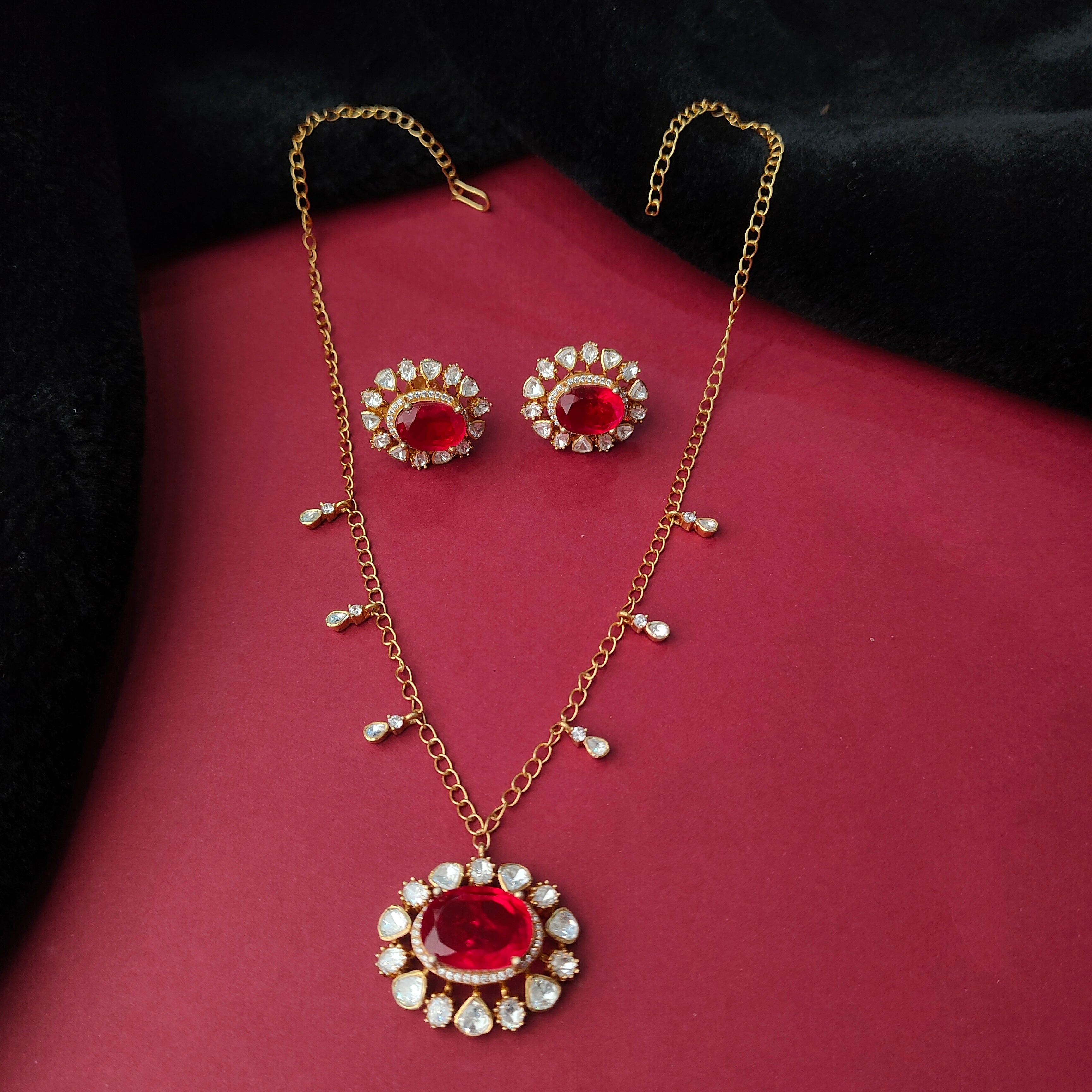 925 Silver Gold plated Polki Pendant with Chain set-1387