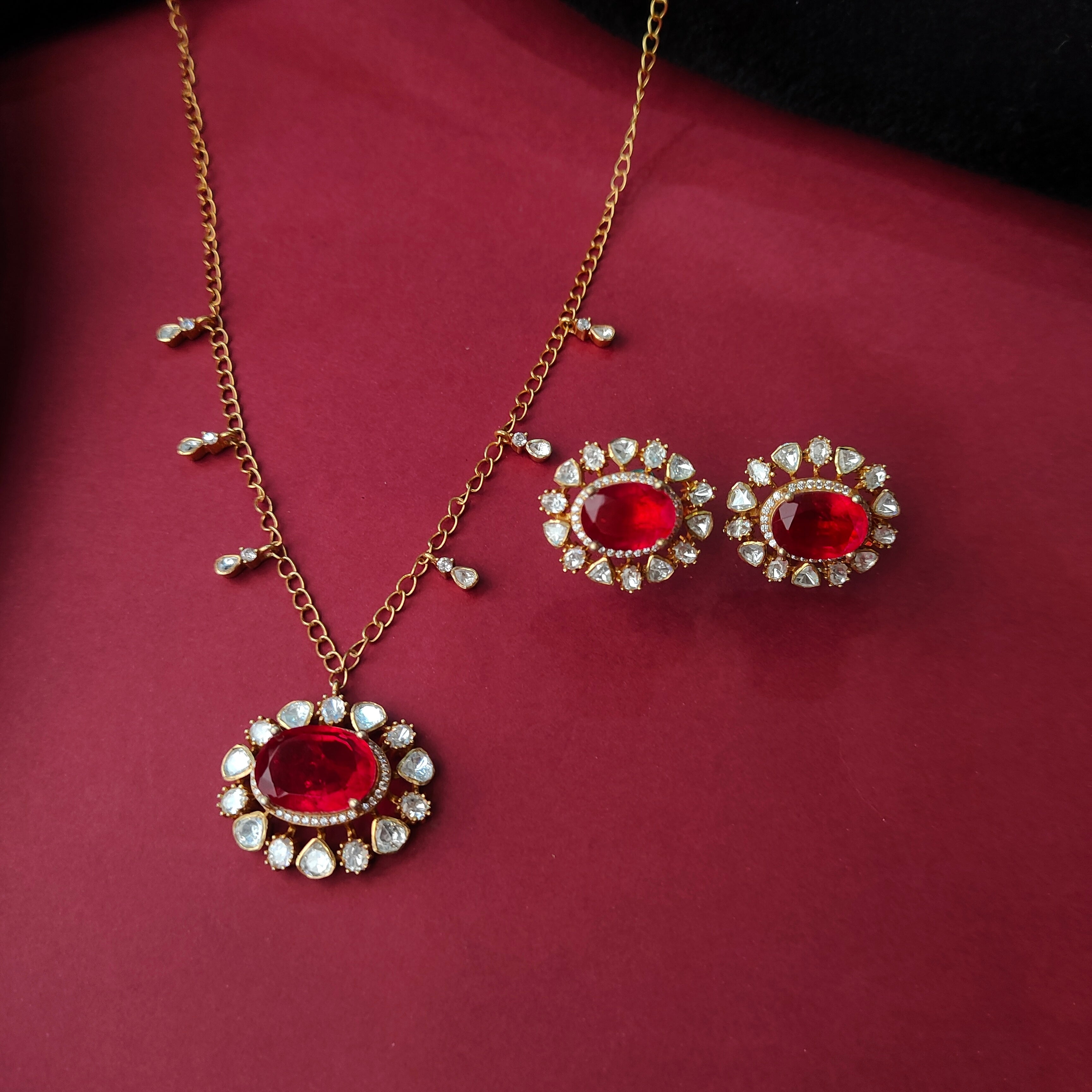 925 Silver Gold plated Polki Pendant with Chain set-1387