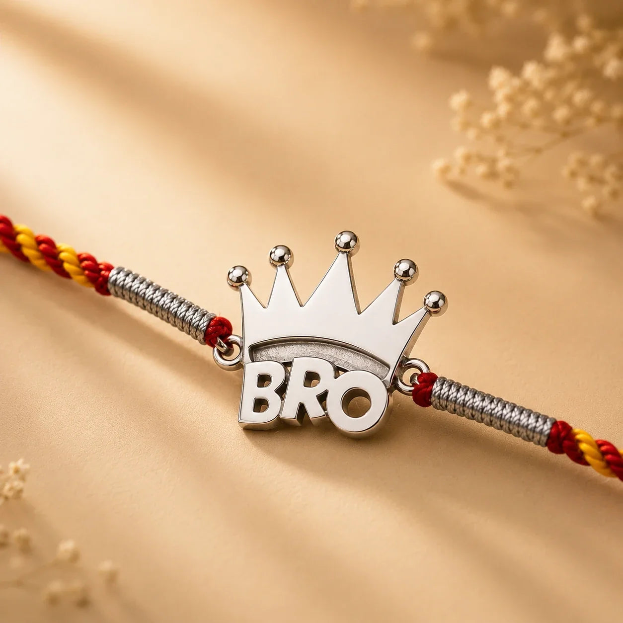 925 silver Crown Bro rakhi with a crowned BRO charm on a red and gold braided thread
