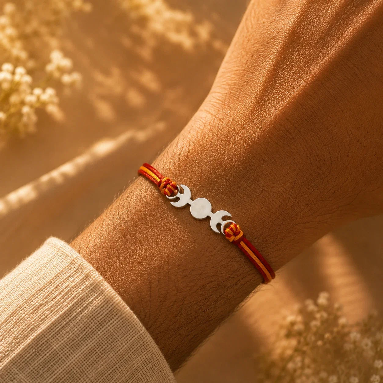 925 silver designer rakhi on a red and gold braided thread