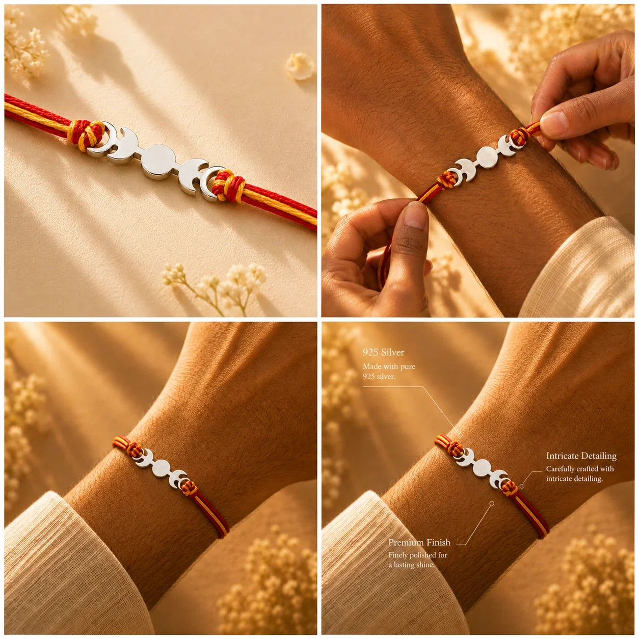 925 silver designer rakhi on a red and gold braided thread