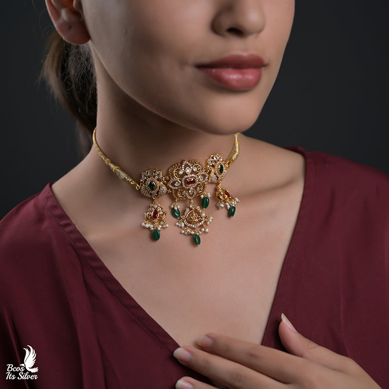 925 Silver Gold Plated Nakshi Choker - 8428