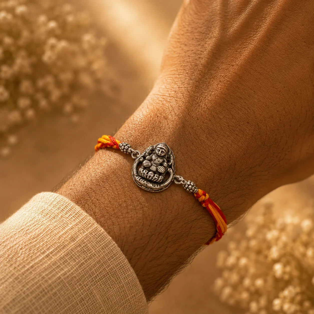 925 silver Lakshmi rakhi with a Goddess Lakshmi motif on a red and gold braided thread