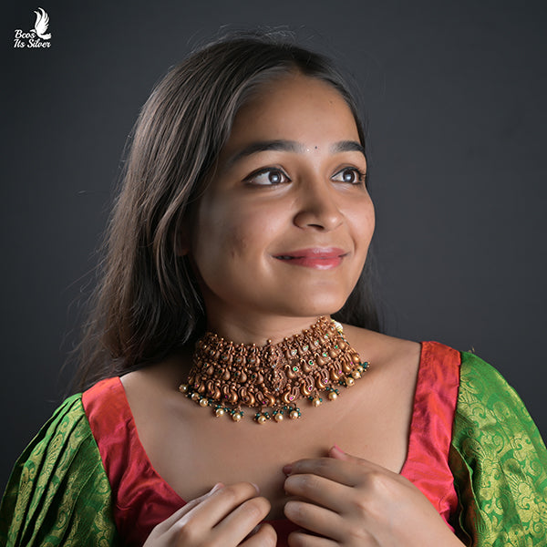 925 Silver Gold Plated Nakshi Choker-0409.