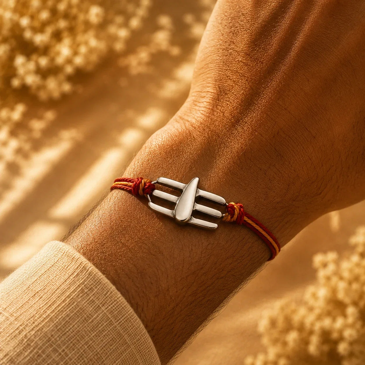 925 silver Namam rakhi with a three-bar Namam motif on a red and gold braided thread