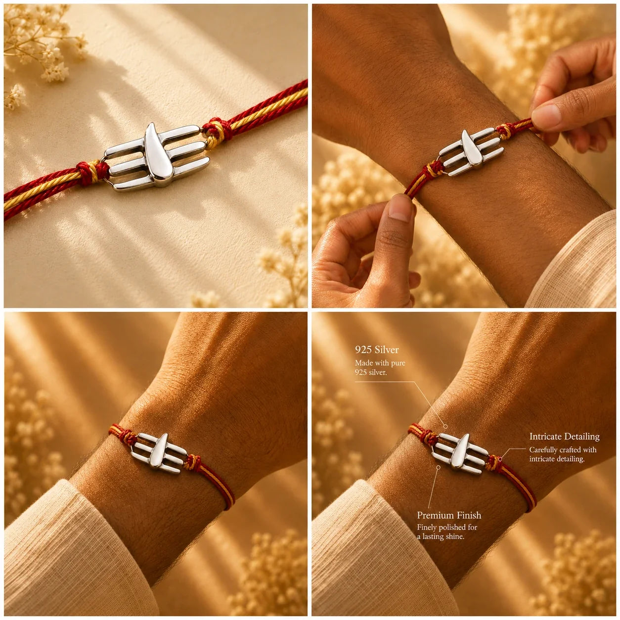 925 silver Namam rakhi with a three-bar Namam motif on a red and gold braided thread