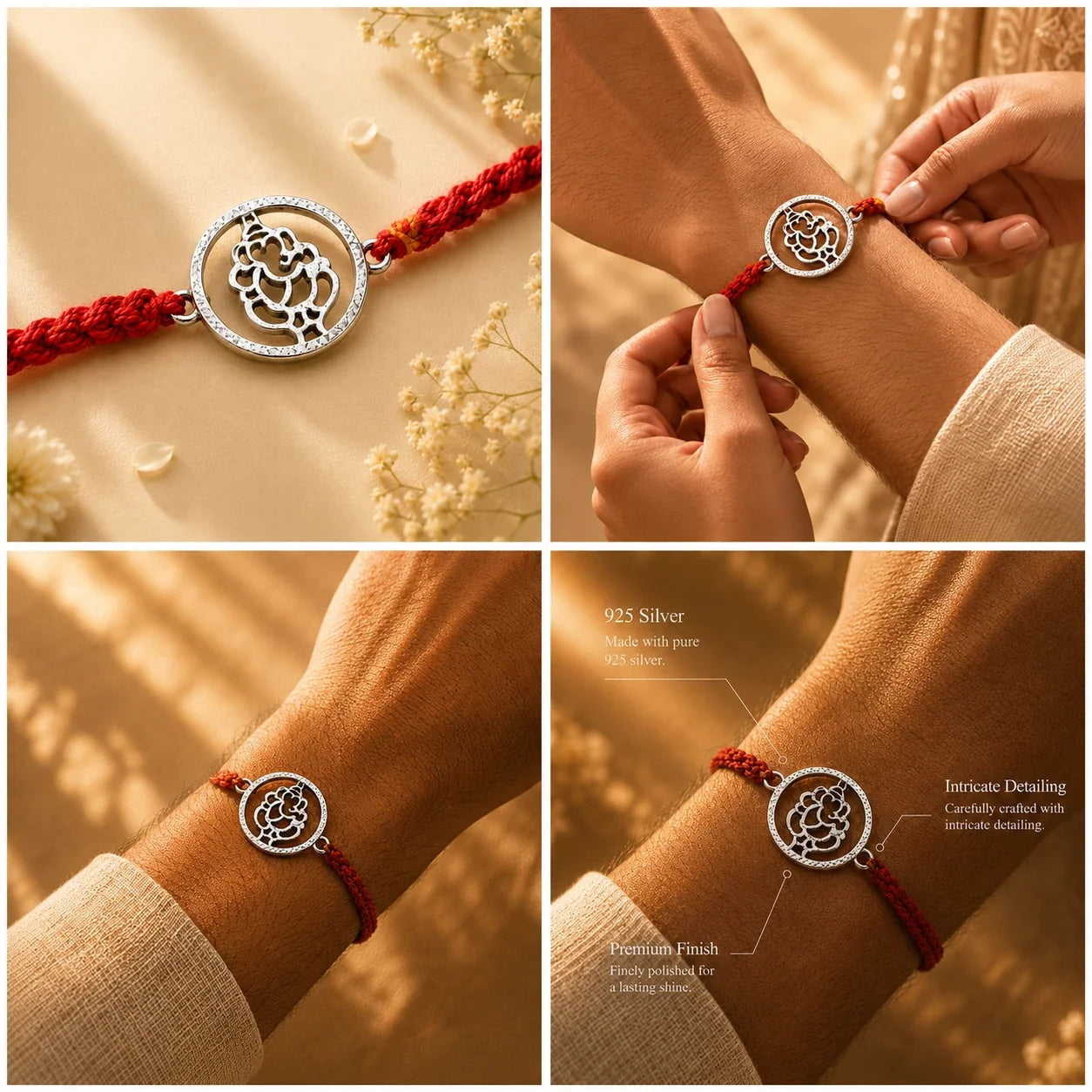 925 silver Round Ganesha rakhi with a Ganesha motif in a circular frame on a red braided thread