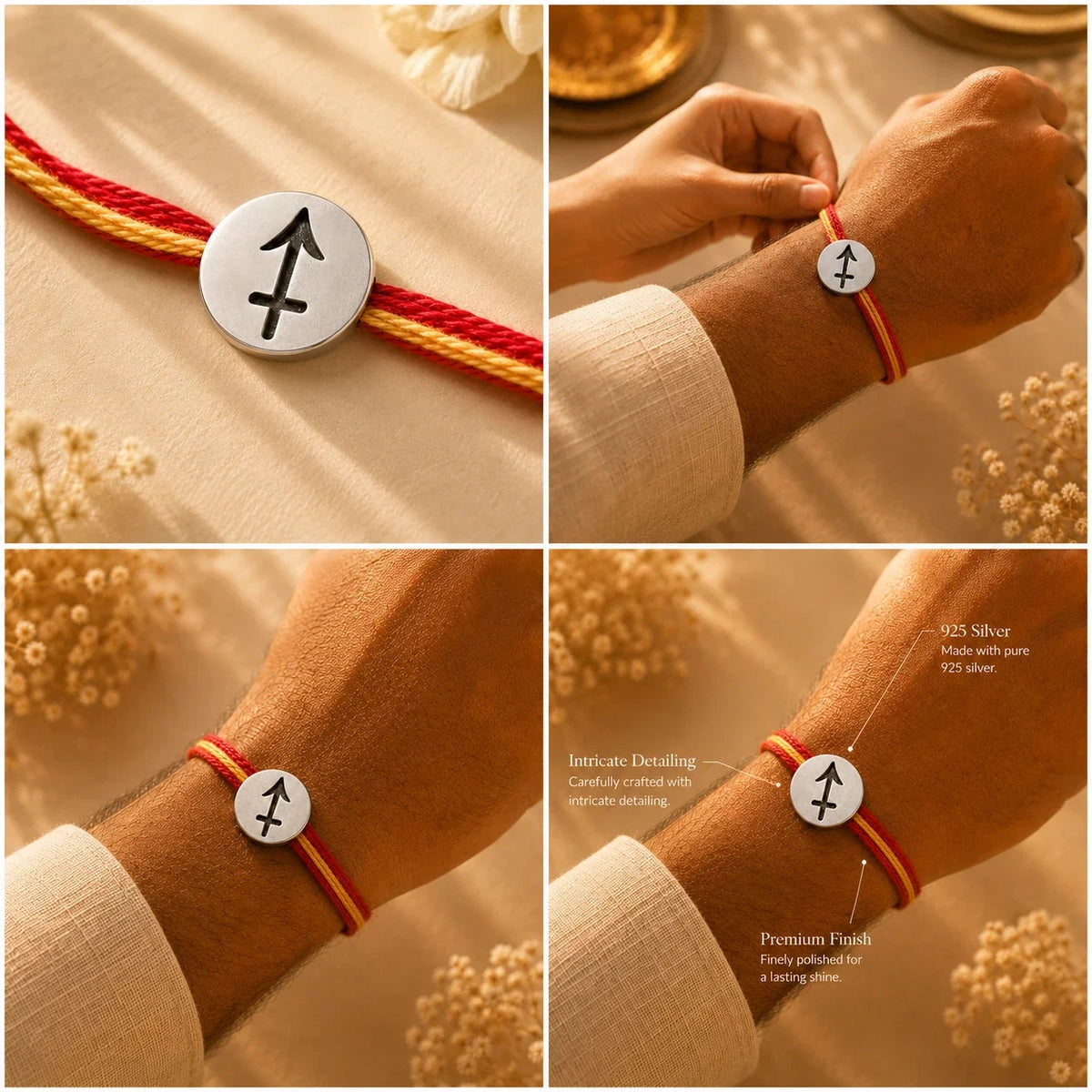 925 silver Sagittarius zodiac rakhi on a red and gold braided thread