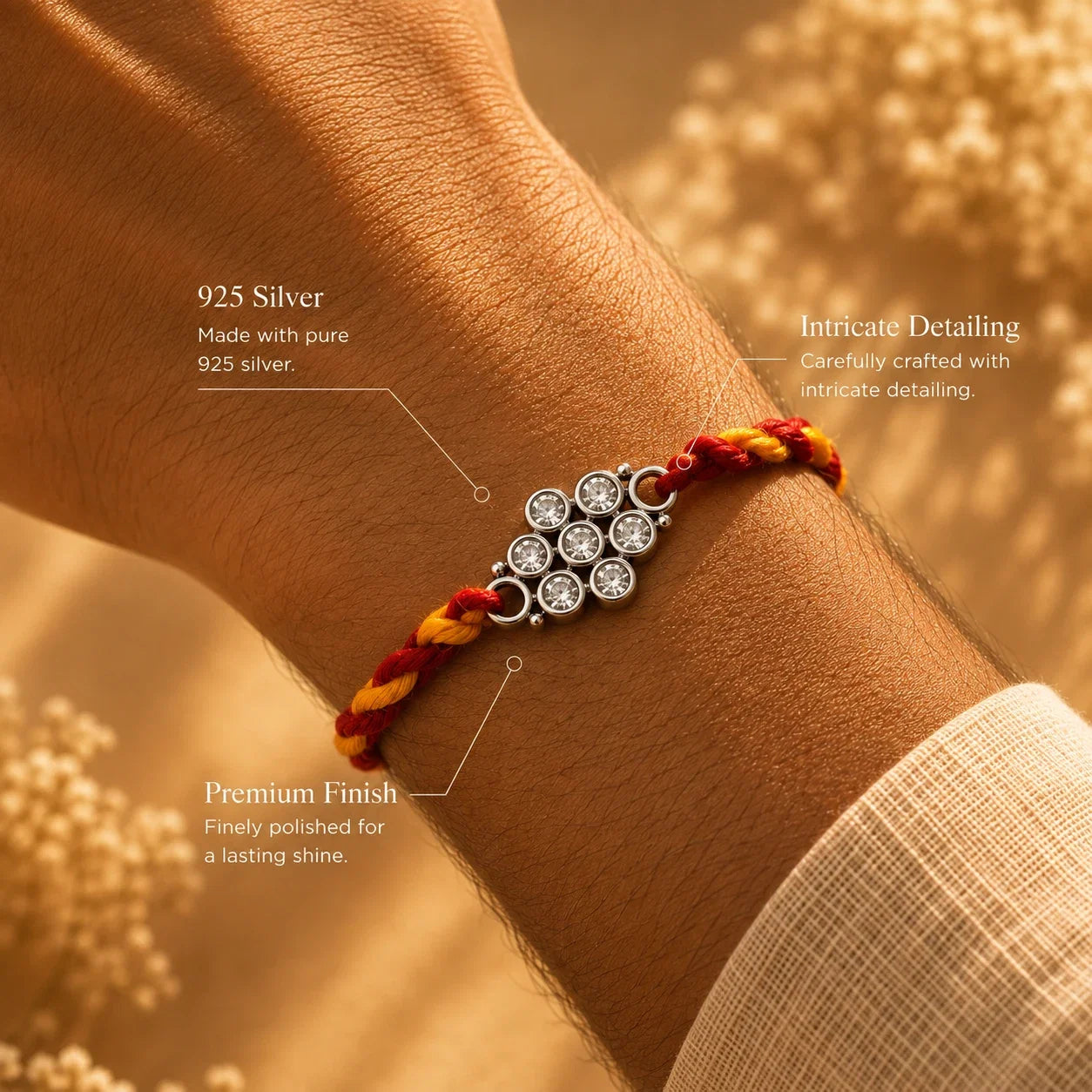 925 silver small polki flower rakhi on a red and gold braided thread