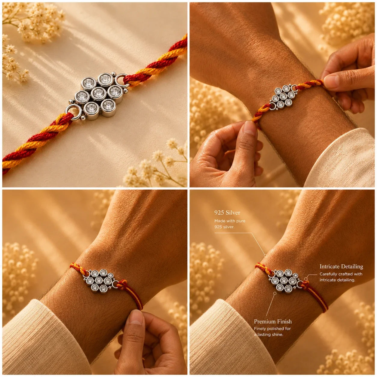 925 silver small polki flower rakhi on a red and gold braided thread