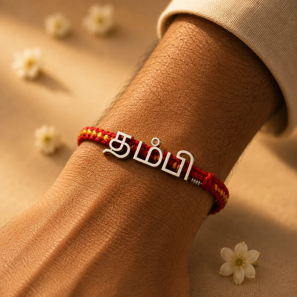 925 silver Tamil Thambi rakhi with தம்பி engraved in Tamil script on a red braided thread