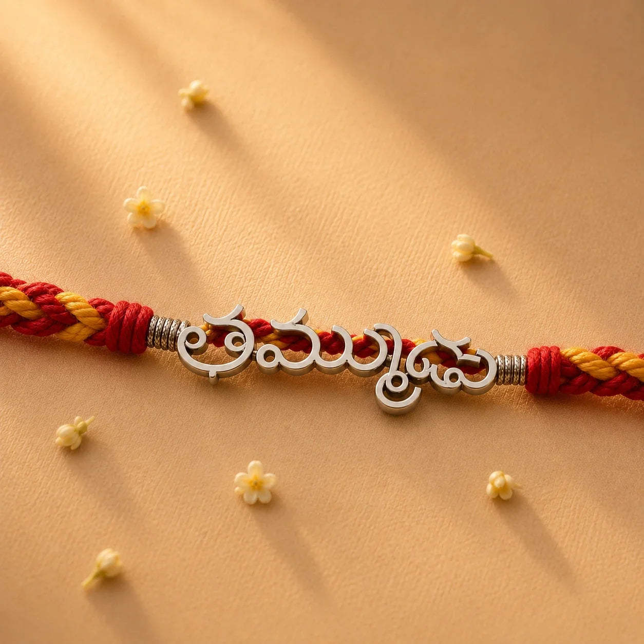 925 silver Telugu Thammudu rakhi with తమ్ముడు engraved in Telugu script on a red braided thread