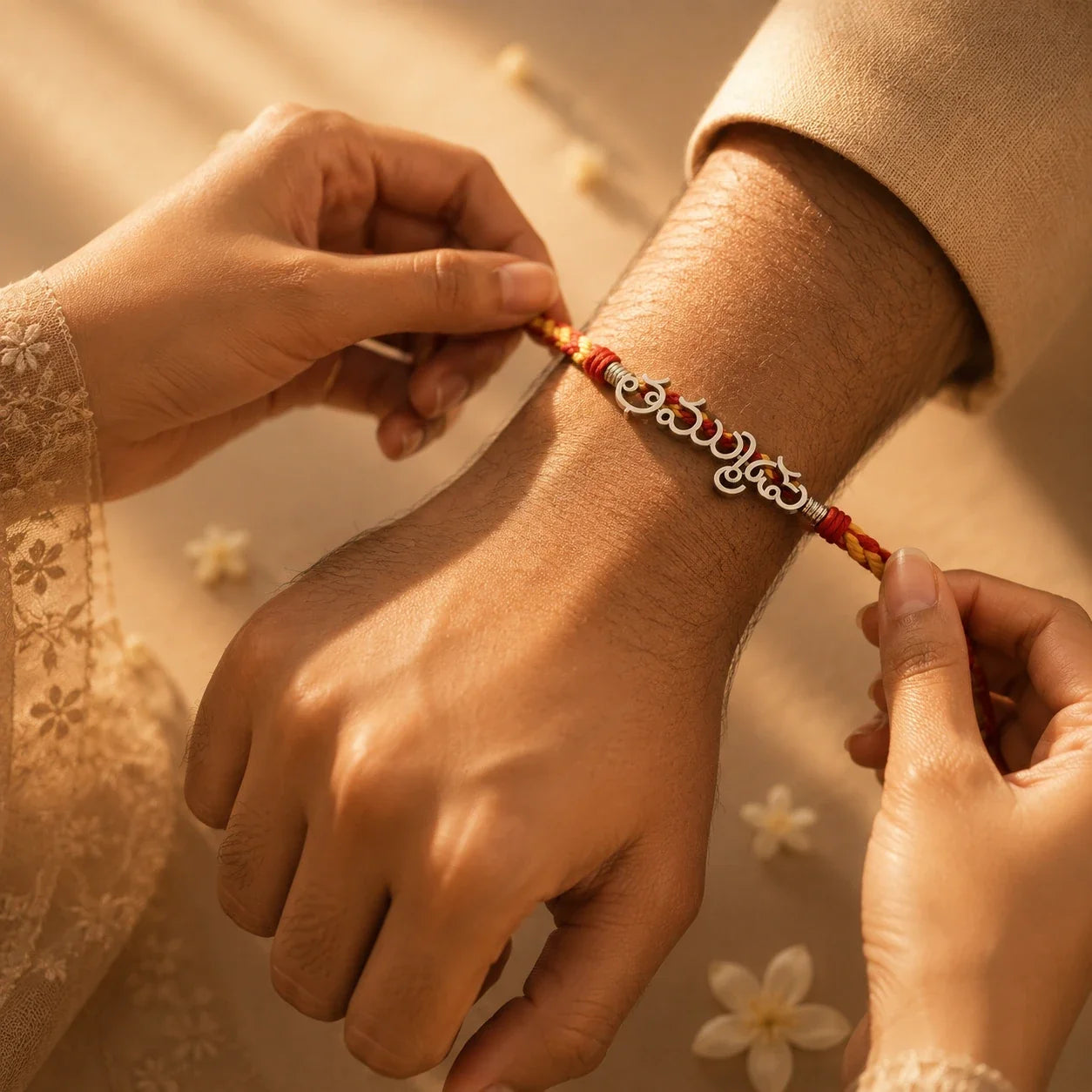 925 silver Telugu Thammudu rakhi with తమ్ముడు engraved in Telugu script on a red braided thread