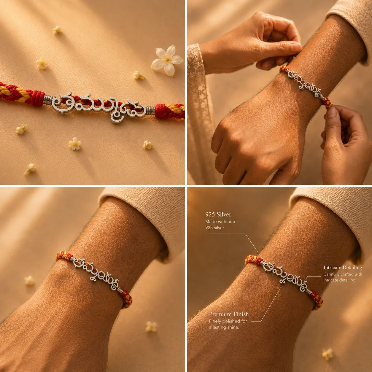 925 silver Telugu Thammudu rakhi with తమ్ముడు engraved in Telugu script on a red braided thread