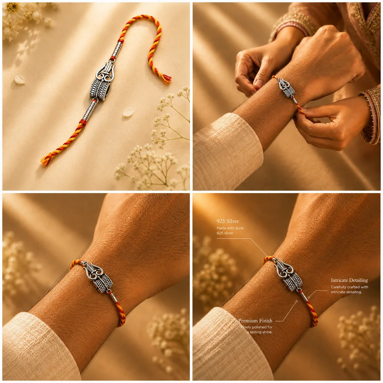 925 silver Trishul Damaru rakhi with a trishul and damaru motif on a red and gold thread