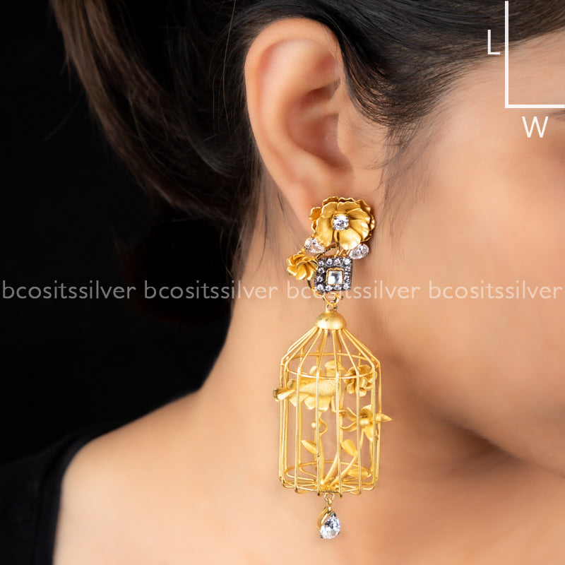 925 Silver Gold Plated Bird Cage Earring - 1026