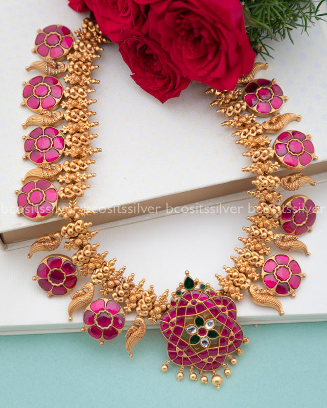 Pure 925 Silver Gold Plated Kundan Bridal Haram - 1135