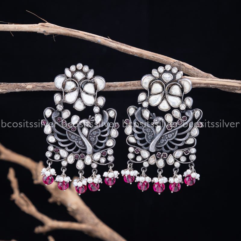Pure 925 Silver Oxidized Kundan Earring - 1173