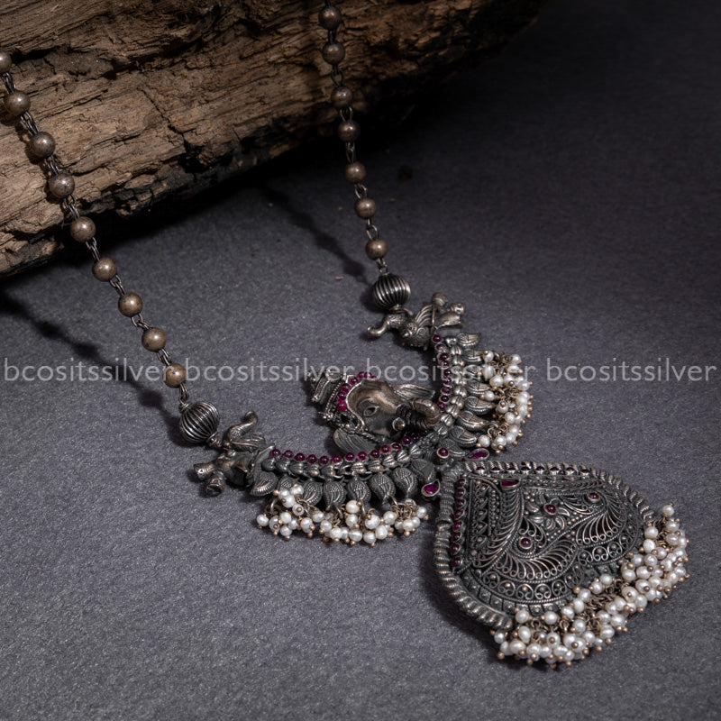 Pure 925 Silver Oxidized Ganesha Haram - 1951