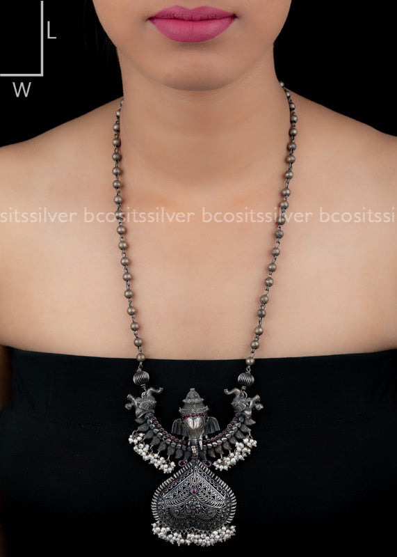 Pure 925 Silver Oxidized Ganesha Haram - 1951