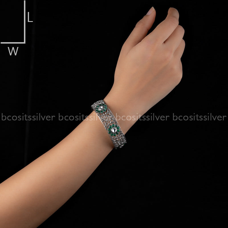 Pure 925 Silver Oxidized Jali Bangle Green - 2075