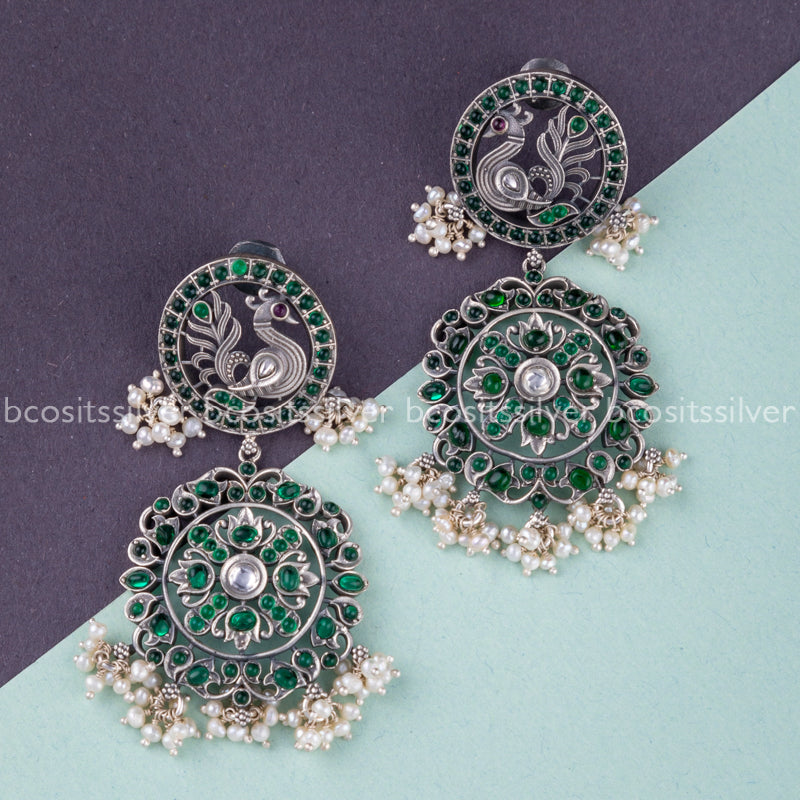 Pure 925 Silver Oxidized Chandbali Peacock Earring - 222