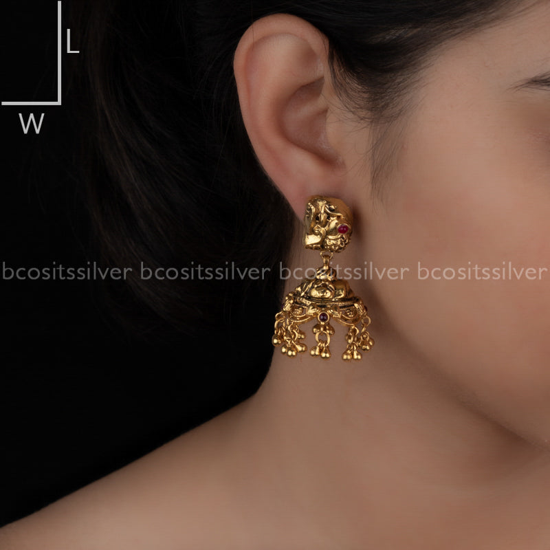 Pure 925 Silver Gold Plated Peacock Jhumka - 3224